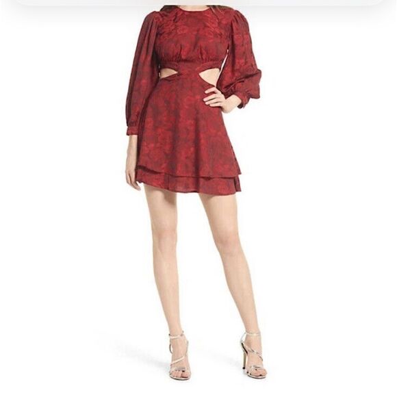 RAHI Flora Cutout Mini Dress Medium Large 
Red Floral Long Sleeves - Picture 1 of 8